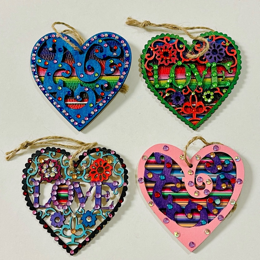 Wood Ornaments Serape inspired Handcrafted New set/4